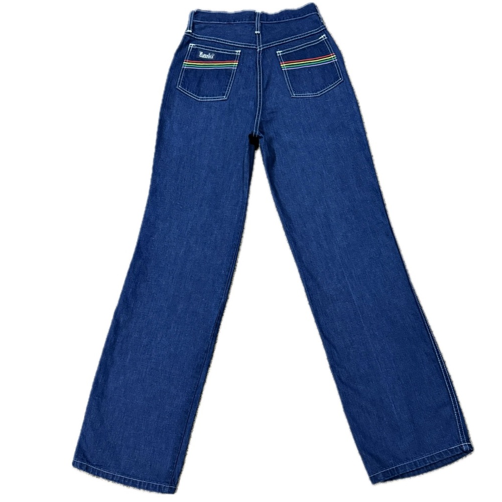 👖🌈 TOUCHÉ Rainbow Stitch Flare Jeans | Vintage Late 70s Disco Hong Kong | Sz 26